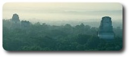 Temples in the morning mist at Tikal, Guatemala