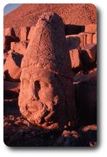 Stone head at sunset at Nimrut Dag, Turkey