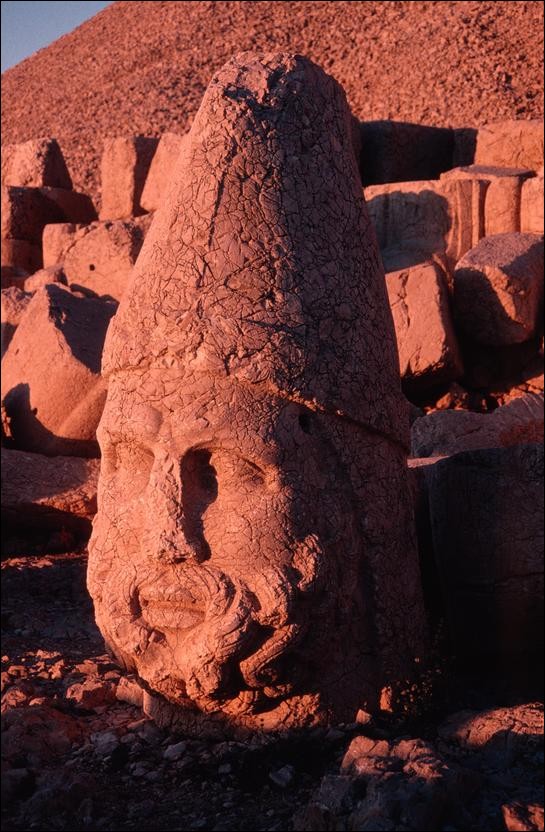 Stone head at sunset at Nimrut Dag, Turkey