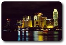 Towers across Marina Bay at night, Singapore