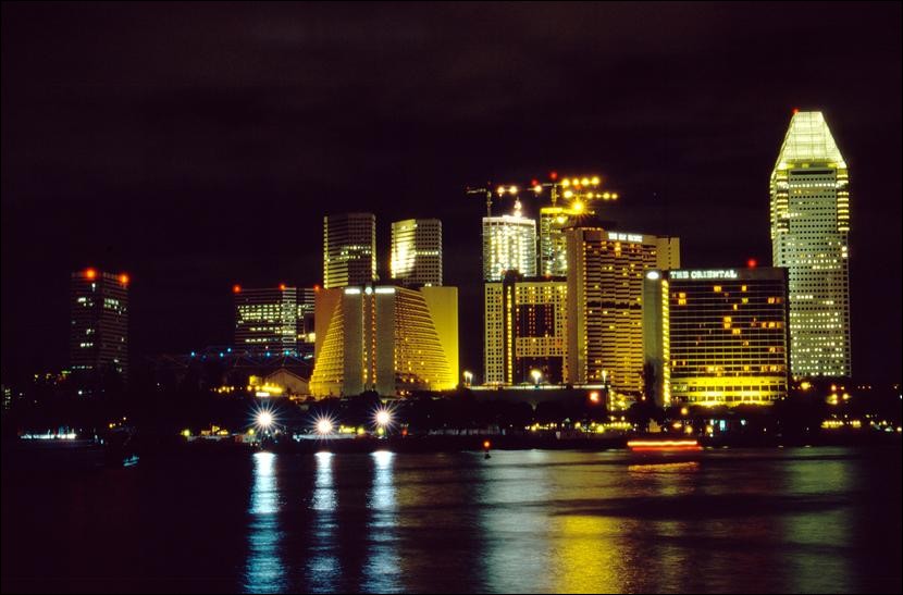 Towers across Marina Bay at night, Singapore