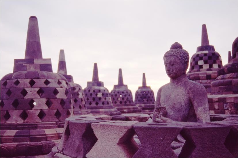Buddha statue in stupa at Borobudur, Java, Indonesia
